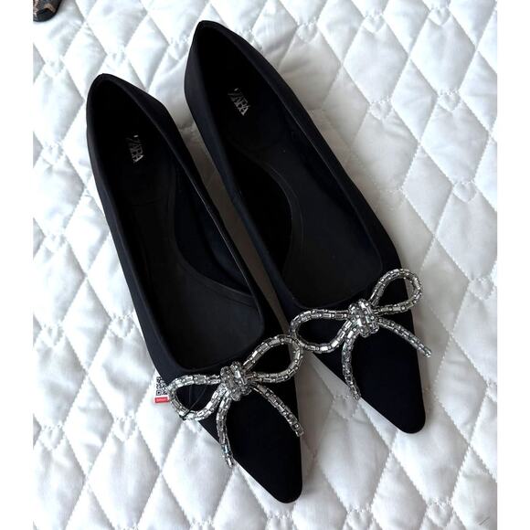 ZARA Black Embellished Bow Flats NWT Size 7.5 - Picture 6 of 16